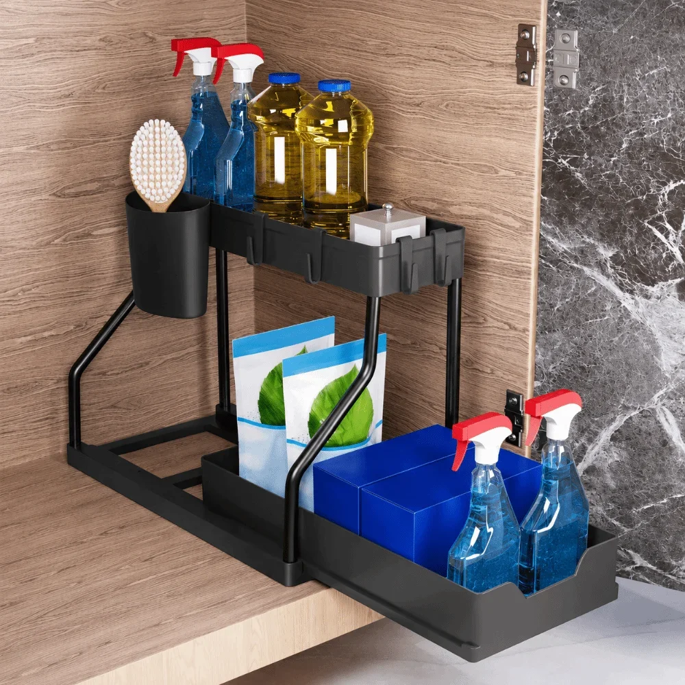 2-Tier Pull Out Under Sink Organizer Space Saving Rack Kitchen Bathroom Holder For Cleaning Supplies Toiletries Sundries