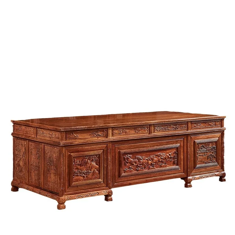 

Mahogany hedgehog red sandalwood boss table and chair combination solid wood office desk bookcase