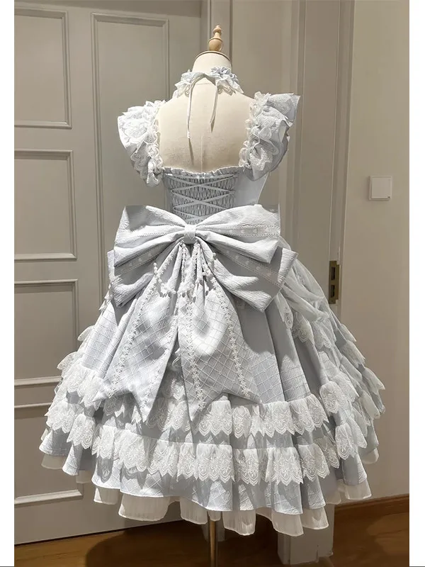 Light Blue White Sweet Lolita JSK Dress Multi‑Layer Lace Ruffles Bow Pearl Decoration Vintage Princess Party Dress
