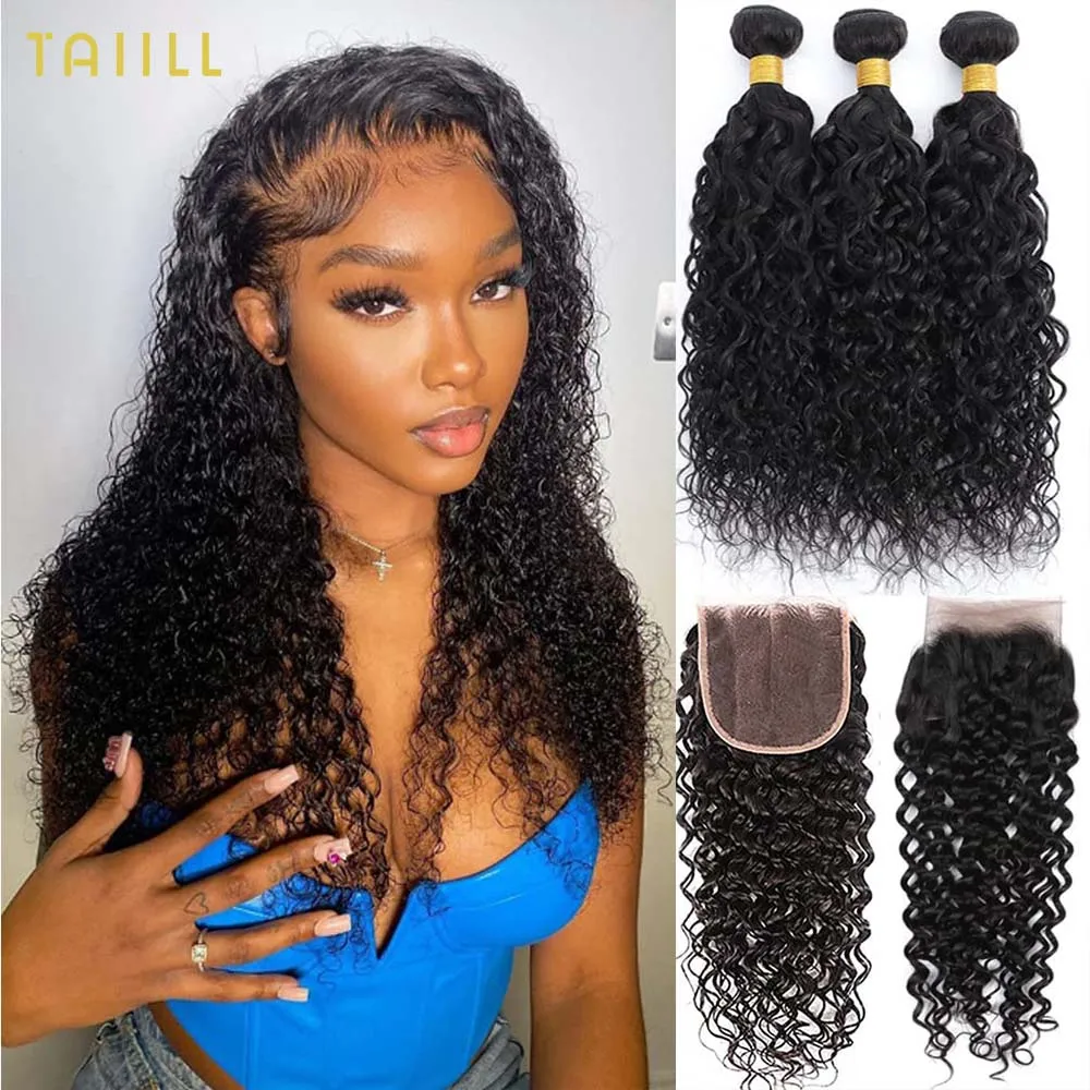 

Water Wave Bundles and Closure Human Hair Wet and Wavy Bundles with 4x4 Lace Closure Free Part Hair Extensions Natural Black