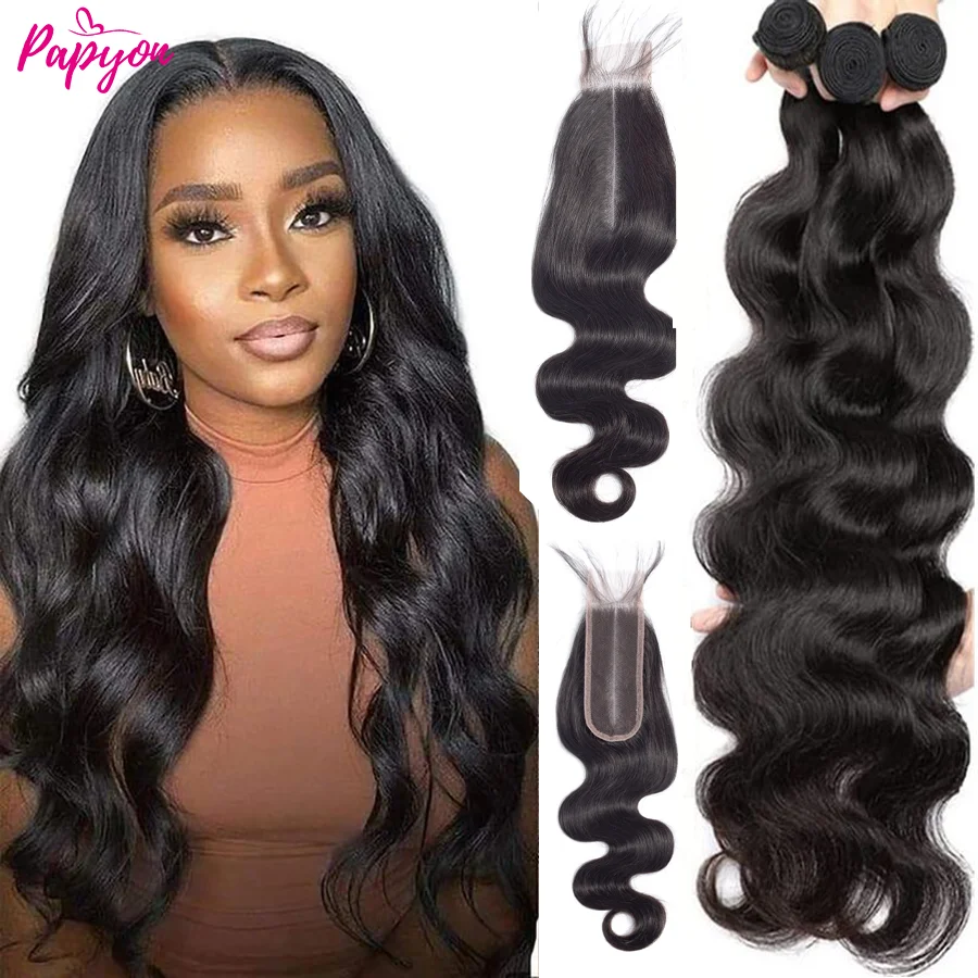 Body Wave Bundles With Closure 2x6 Transparent Lace Closure Hair Weave 3/4 Bundles Natural Human Hair Bundles With Closure