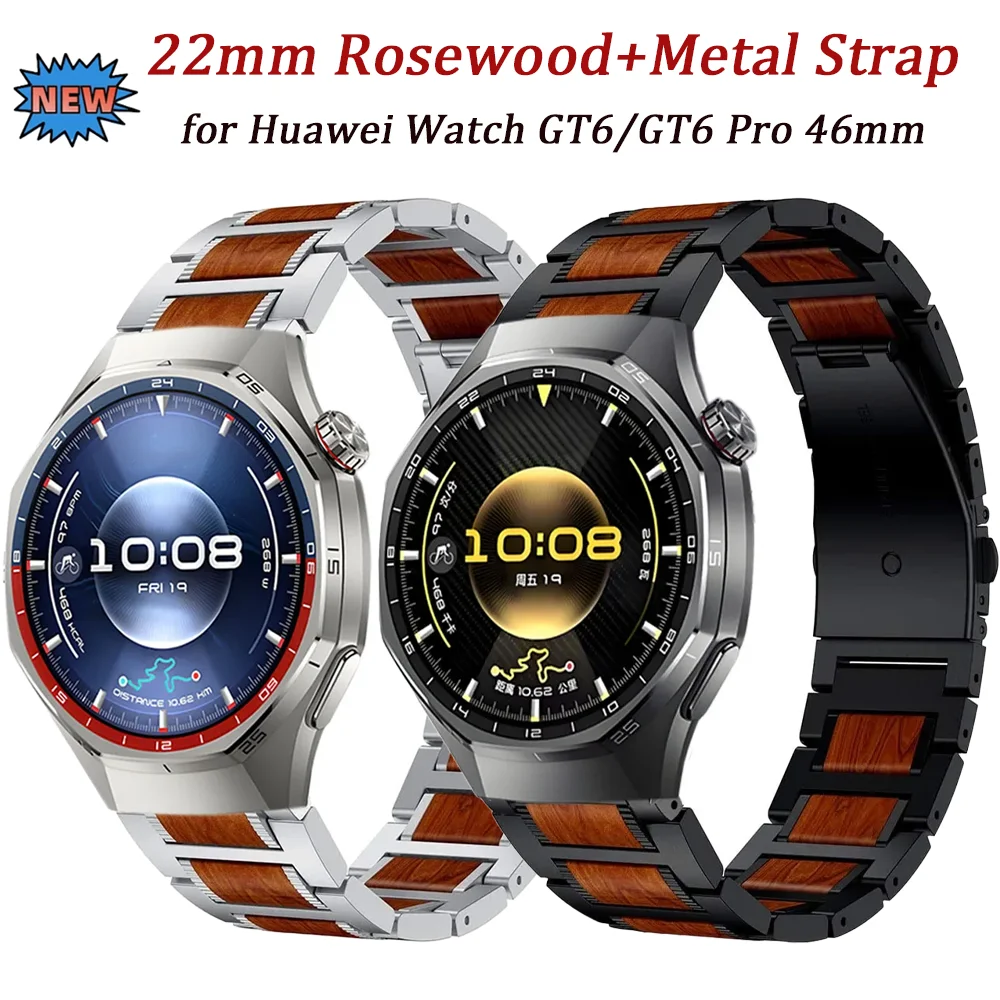 

Ремешок из розового дерева и металла 22 мм для Huawei Watch 5 GT6-5-4-3 GT6 Pro 46 мм, деревянный браслет для Amazfit Balance 2 Active Max Bip 6
