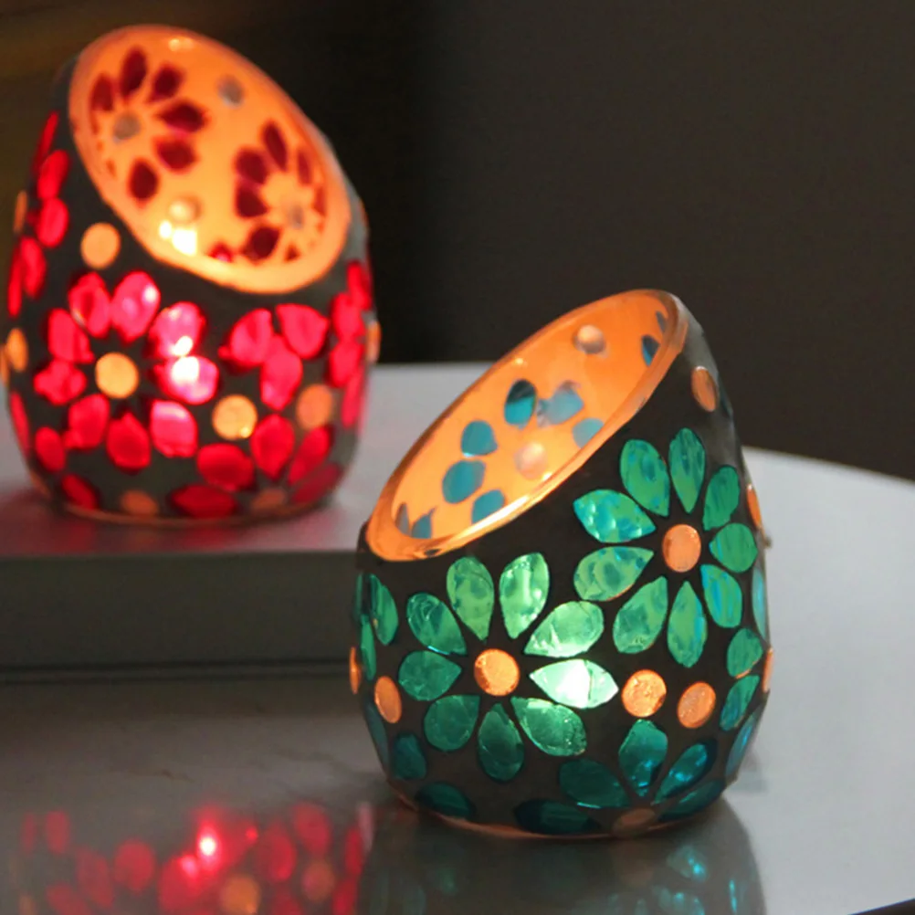 

2Pcs Glass Candleholder Creative European Mosaic Design Decorative Home Decor Wedding Banquet Dining Table Ornament