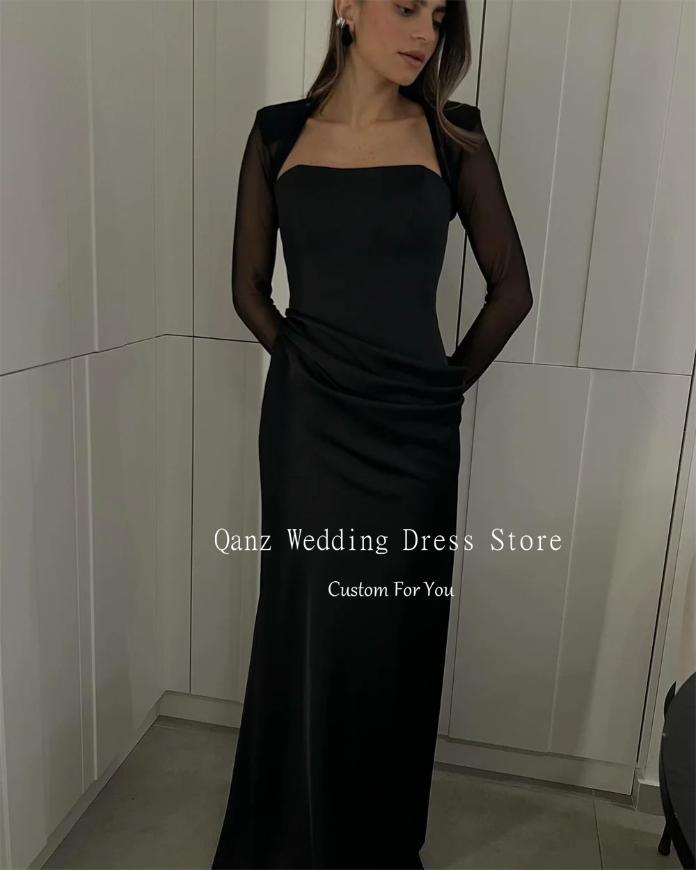 Qanz Black Simple Evening Dresses Long Sleeves Mermaid Satin Vestidos De Fiesta Strapless Customized Dress for Special Occasions