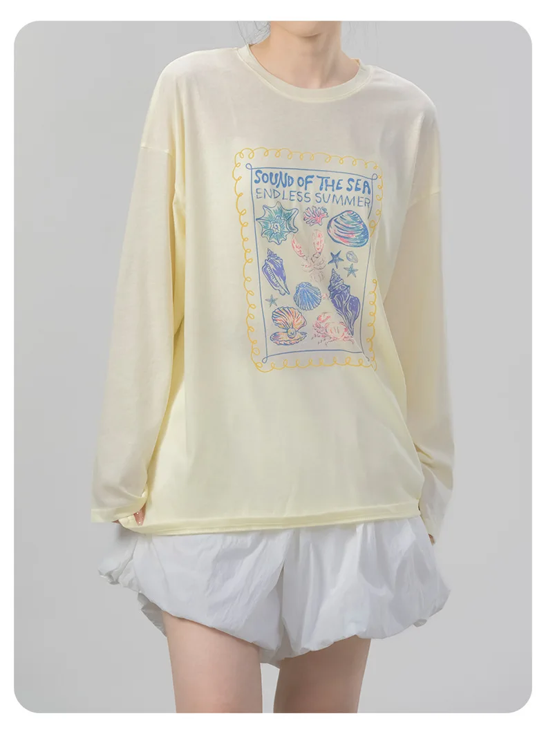 

Long Sleeve Graphic Oversized Cream Yellow T Shirt Drop Shoulder Sleeves Round Neck 2025 Summer Ultra-thin Long Sleeve Top