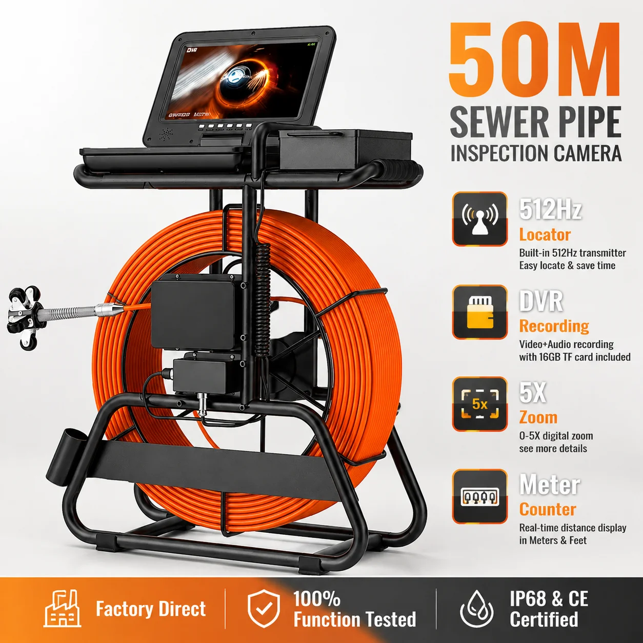 Sewer Pipe Inspection Camera 10 Inch IPS 1080P Screen and Meter Counter+Self-Leveling 512HZ Locator+Diameter 7mm thick cable