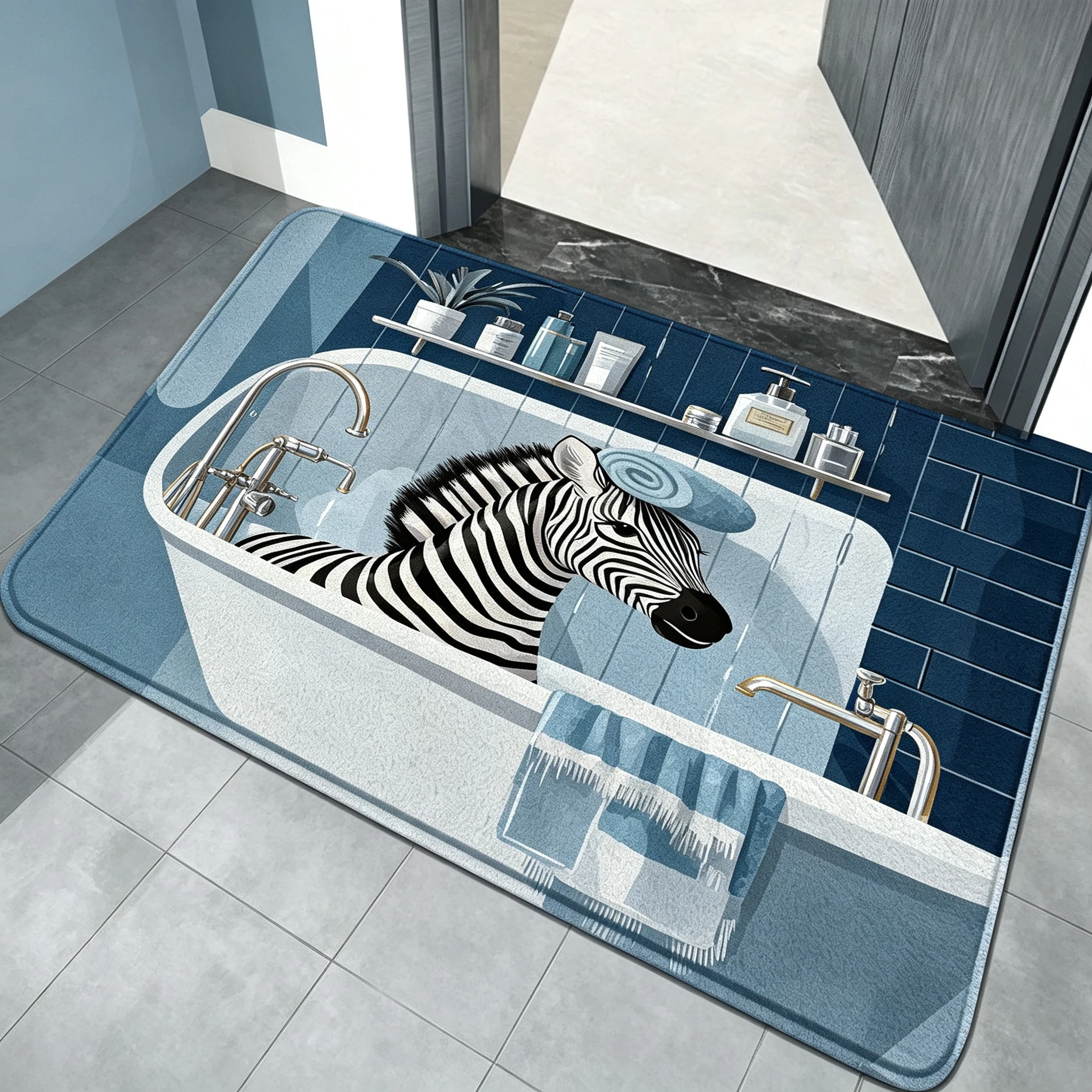 Funny Zebra Bath Scene Welcome Doormat for Front Door Floor Mat Home Decor Whimsical Animal in Bathtub Art Print Stylish Indoor