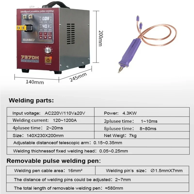 Sunkko 737dh 4.3kw máquinas de solda de pulso automático máquinas de solda de ponto de bateria para ferramentas de soldador de bateria com caneta de soldagem a ponto
