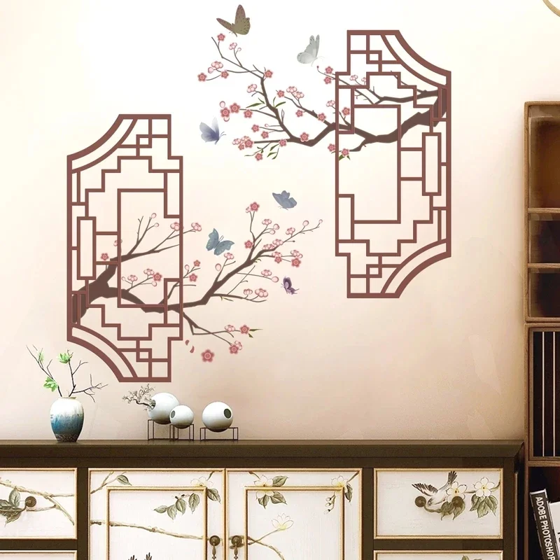 Plum Flowers Plants Wall Stickers DIY Ancient Windows Wall Sticker for Living Room Kitchen Home Decoration