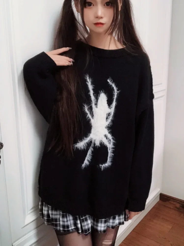 New Spring Harajuku Gothic Hot Girls Black Spider Print Hip Hop Knitting Long Sleeve Top Fashion Punk Pullover Cool Girl