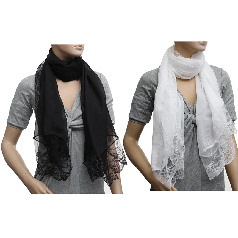 

2 Pcs Woman Scarves Chiffon Lace Scarf Wrap Scarf Black & White