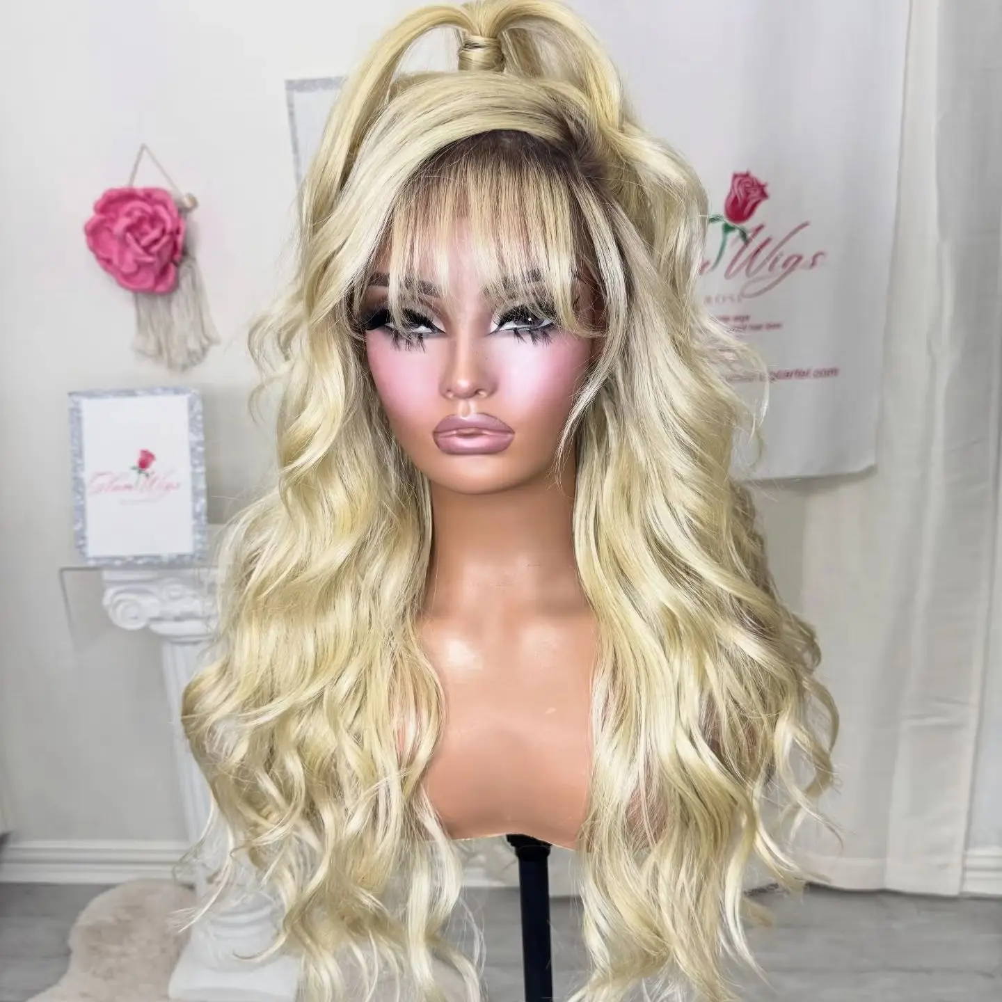 

Light Blonde Shadow Roots 24 Inches Synthetic Lace Frontal Wigs Curtain Bangs Free Part Realistic Look Natural Hairline Wigs