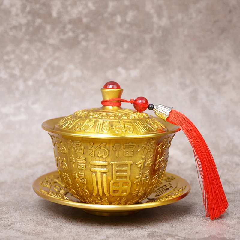 All-brass rotating Hundred Blessings Treasures lid bowl, a set of three pieces for appreciation, a Chinese-style tea c
