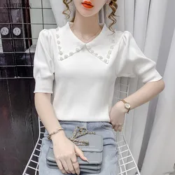 Pearl Beading Sweater Women Chic Ruff Sleeve Turn-down Collar Pullover Knitted Tops Solid Slim Knitwear Jumper White Black