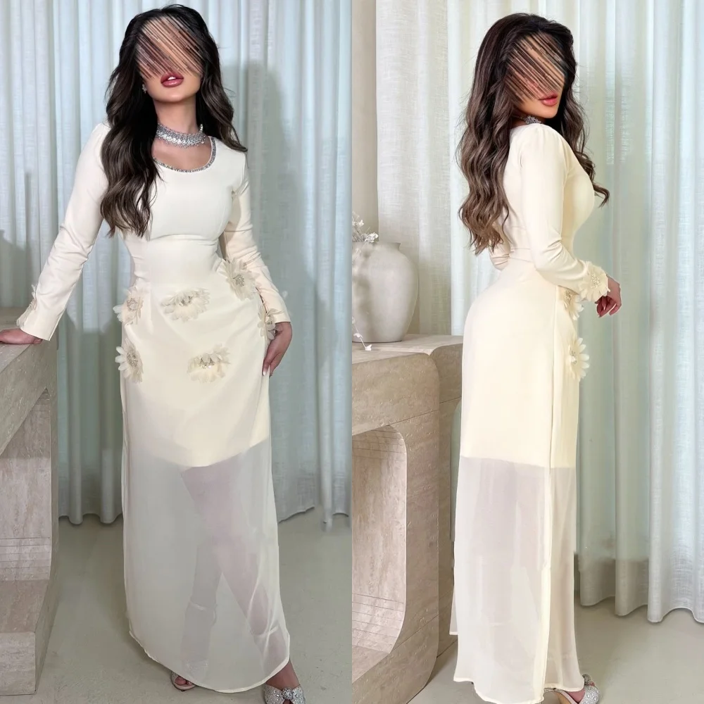 

Customized Exquisite Matching Chiffon Handmade Flower Sequined Straight Scoop Neck Midi Dresses Bespoke Occasion Dresses Elegant
