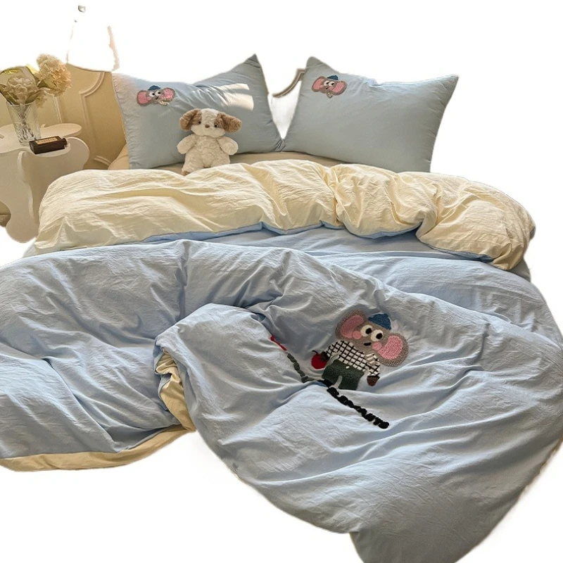 Towel embroidery elephant washed cotton bed four-piece set large version cartoon bed sheet quilt cover dormitory quilt cover thr