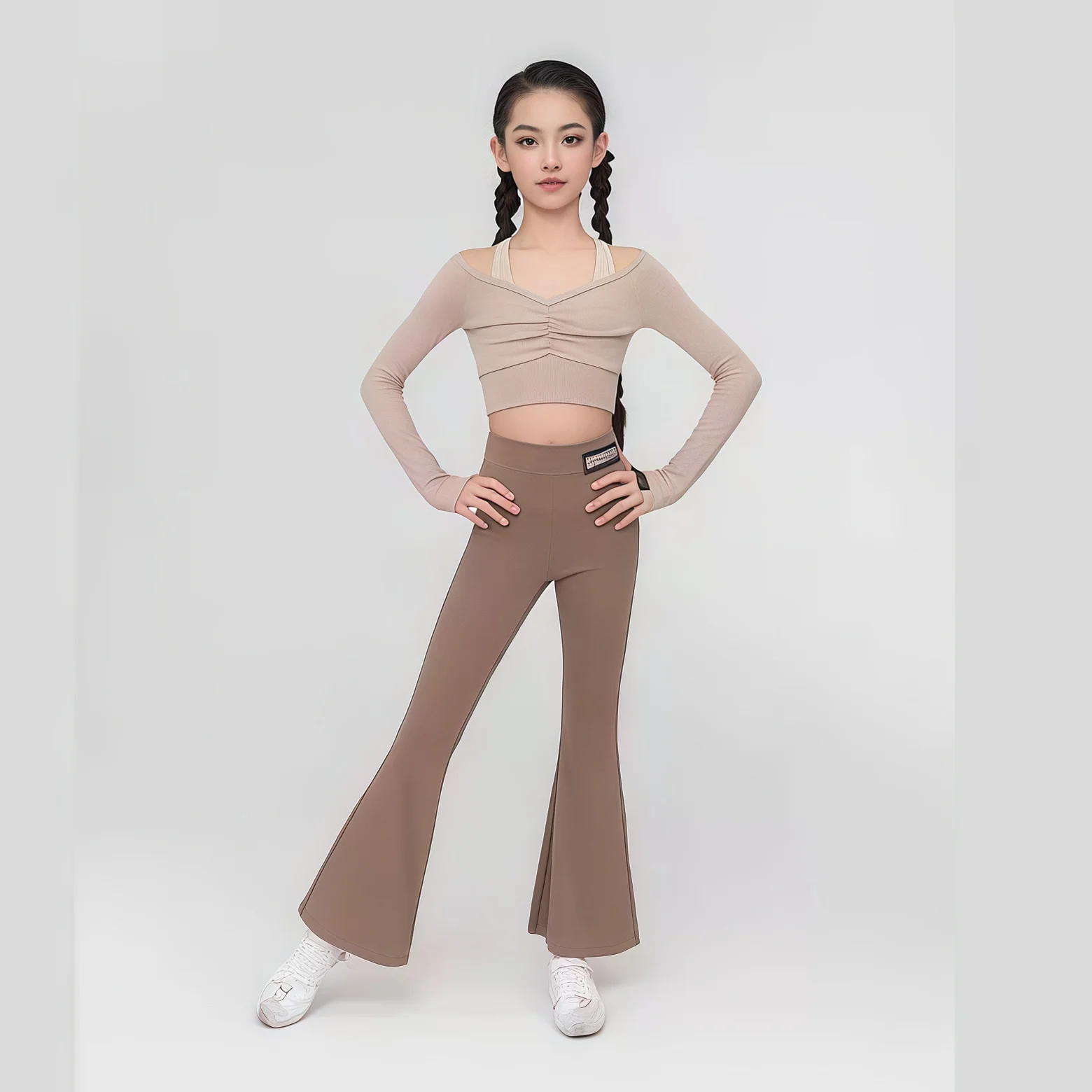 

customized women's adult girls Latin dance costume off shoulder long sleeved split slightly flared pants set sports style dress