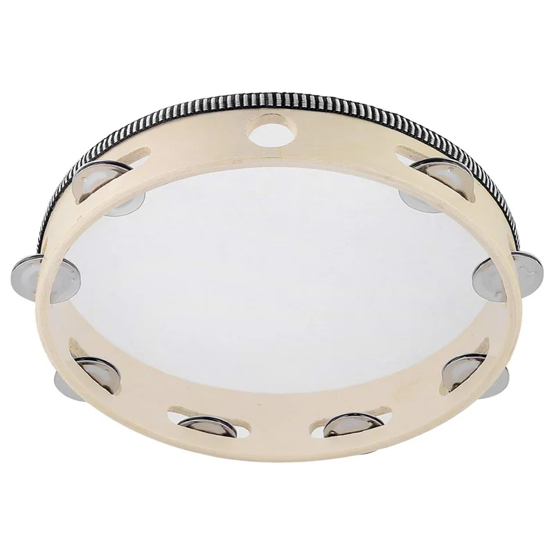 

B72A 8X Tambourine For Adults 10 Inch Hand Held Drum Bell Birch Metal Jingles Percussion Gift Musical Educational Instrument