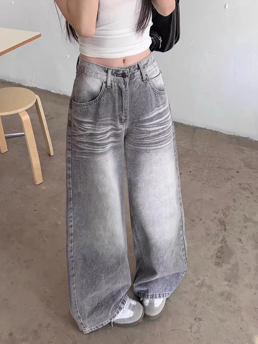 

Vintage Wide-Leg Jeans Grey American Style Straight-Leg Casual Pants for Women Loose Fit Draped Spring Autumn 2025 New Arrival