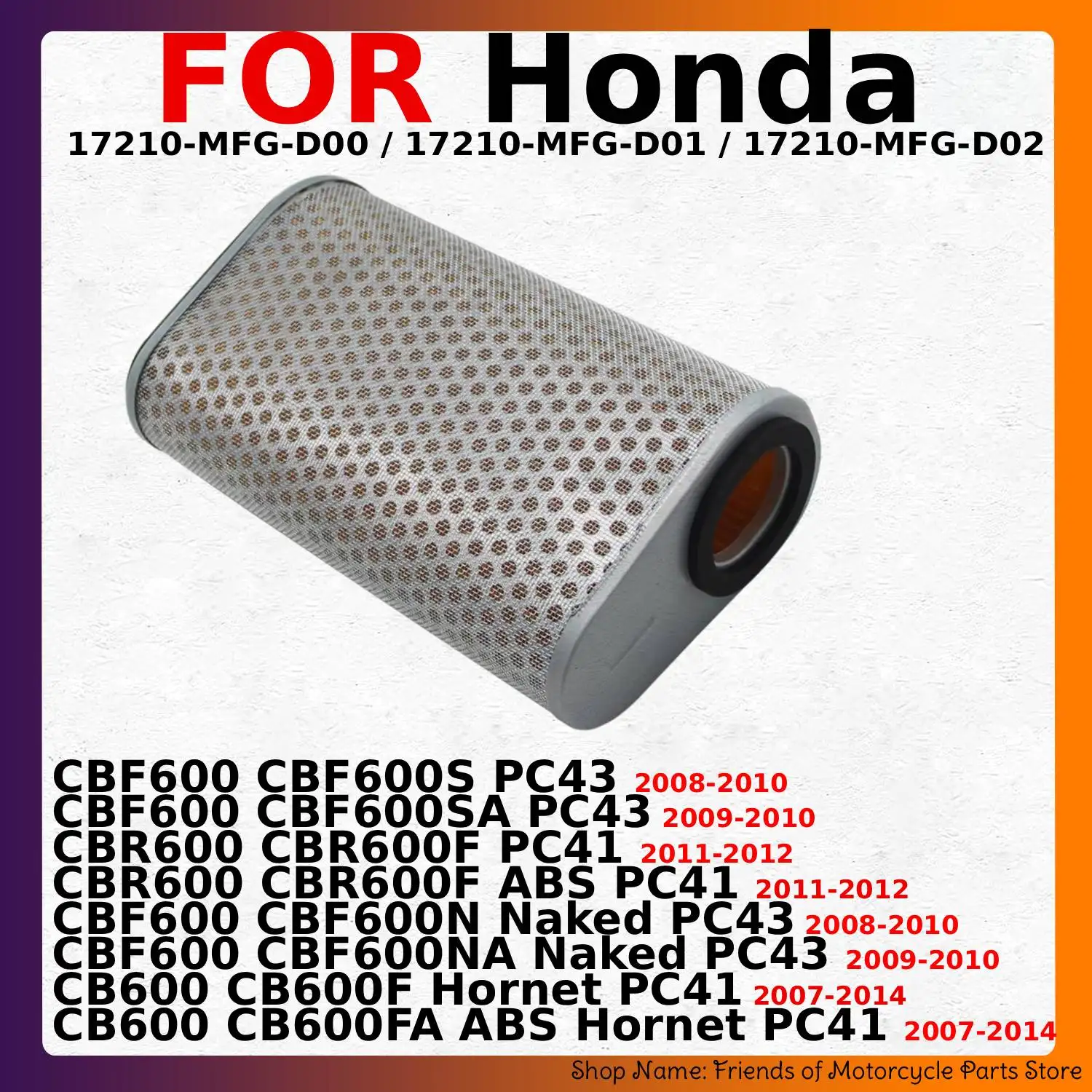 Filtro de aire para motocicleta, accesorio para Honda CB600 CB600FA ABS Hornet PC41 CBF600SA NA Naked 17210-MFG-D00 PC43 17210-MFG-D01 17210-MFG-D02