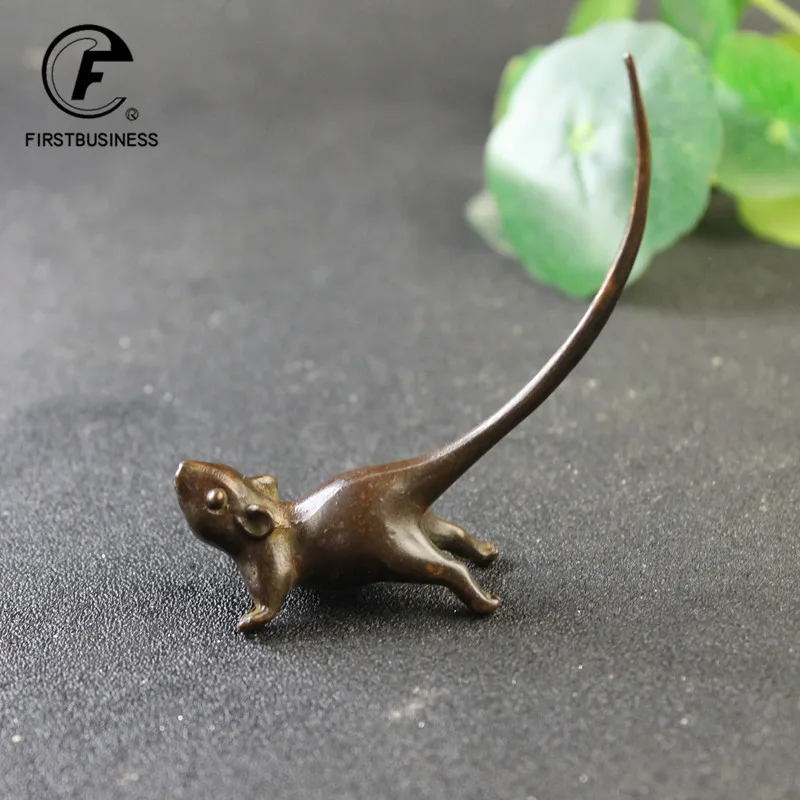 Long Tail Mouse Miniature Figurine Chinese Style Tea Pet Vintage Pure Copper Rat Ornament Desk Craft Home Decoration Accessories