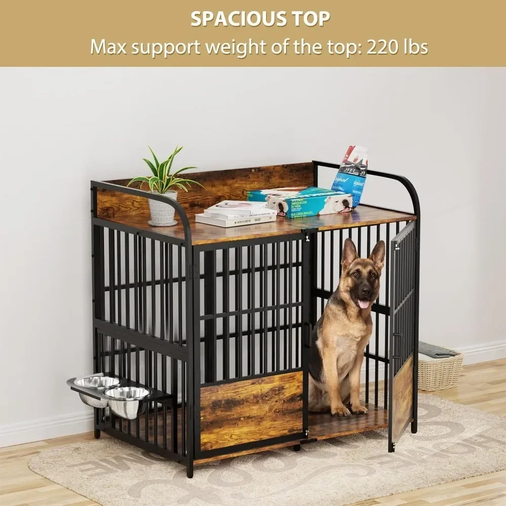 Large Dogs Crate, Dog Kennel Furniture with 2 Stainless Steel Dog Bowls Adjustable Height & 360° Rotating, 48 Inch Dogs Crate