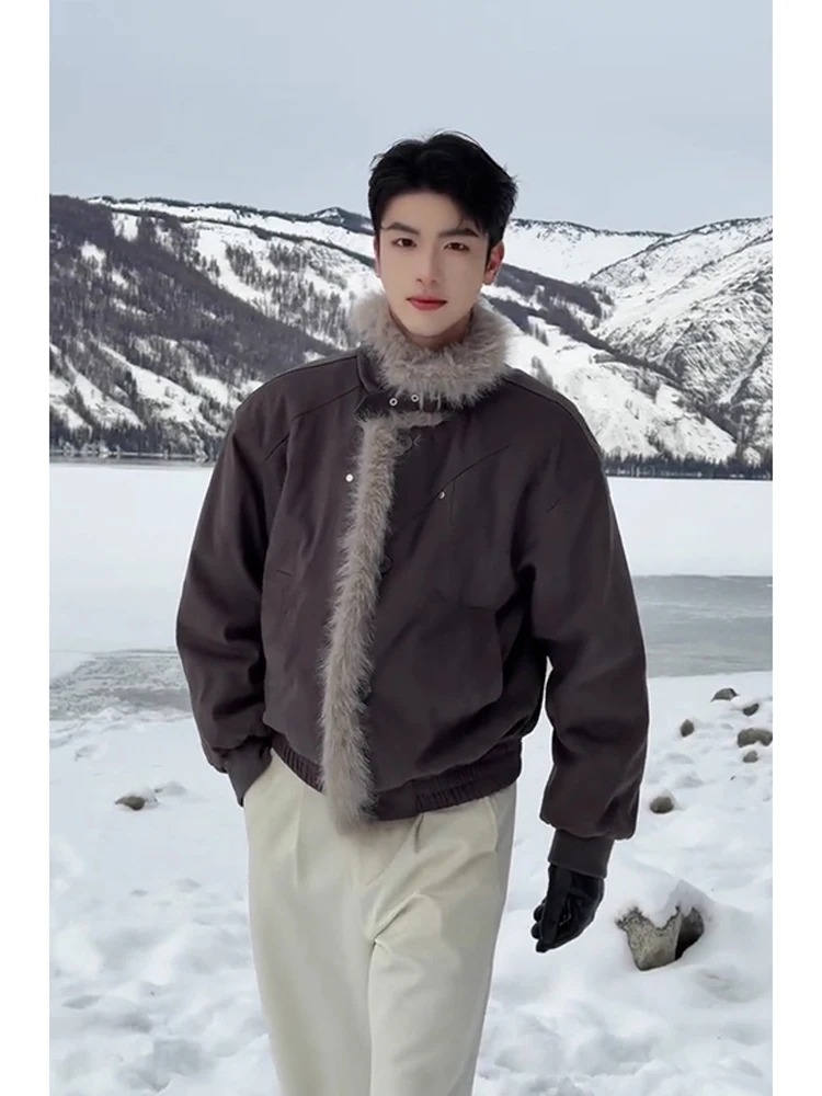 

Men's Suede Jaet Cotton Outerwear Winter Thiened Warm Stand Collar Leather Fur Inteated Zipper Closure Color Coat