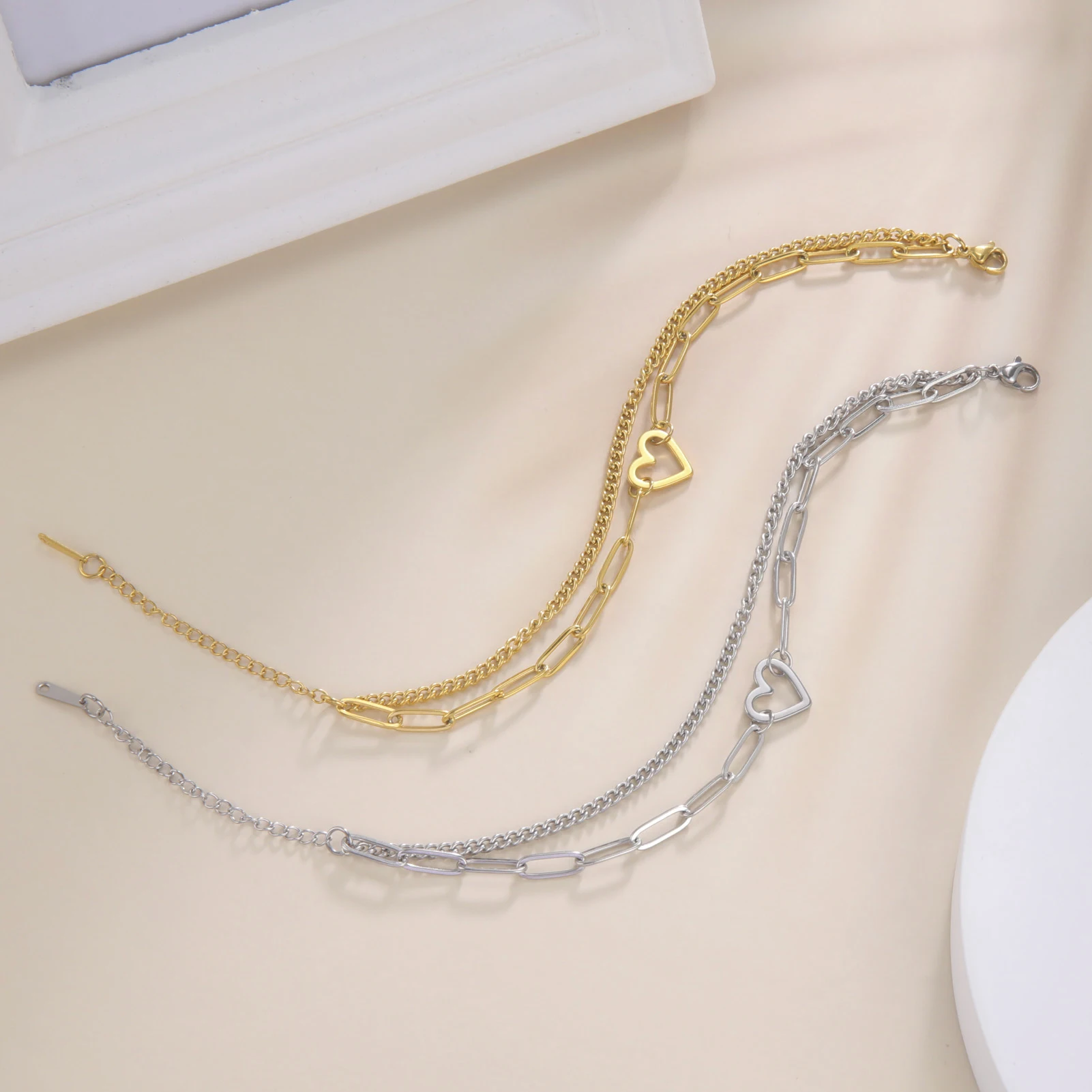 Heart Pendant Bracelet Paper Clip Chain Bracelet Stainless Steel Double Chain Bracelet for Women Couple Jewelry for Party Gift