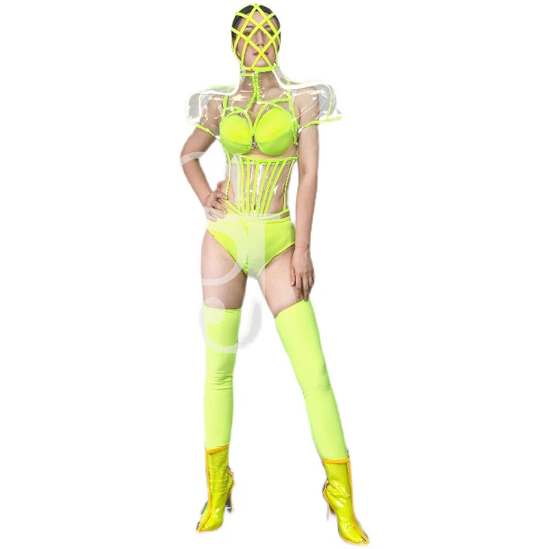 Fluorescent Yellow Bikini Bodysuit Sexy Gogo Dancer Costume Nightclub Bar Dj Festival Clothes Pole Dance Wear Rave Outfit XS3690