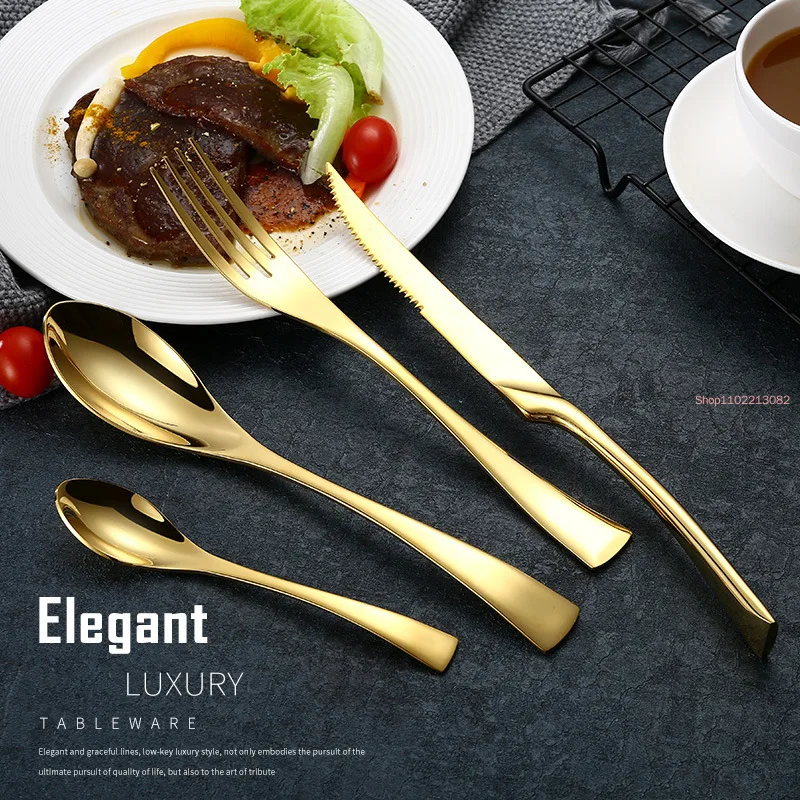 4pcs Set, Golden Stainless Steel Knives Tableware Steak, Spoon and Fork Vintage Flatware Gastronomy, Minimalist Cultery