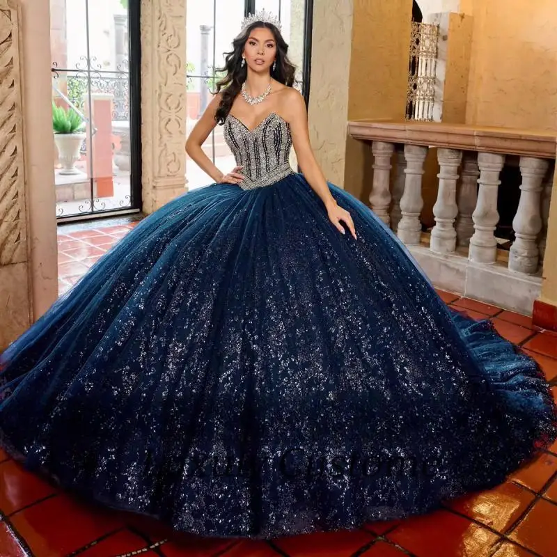 Luxuly A-line skirt Princess Ball Gown Quinceañera Dresses Glittering Sequins Beading  Silver Birthday Party For 15th Customized