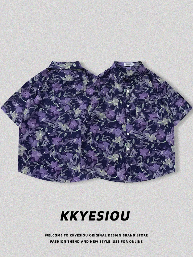 KKyesiou American Style Short Sleeve Shirt Floral Print Purple Unisex Retro Hip Hop Couple BF Jacket Youth Summer Loose Fit