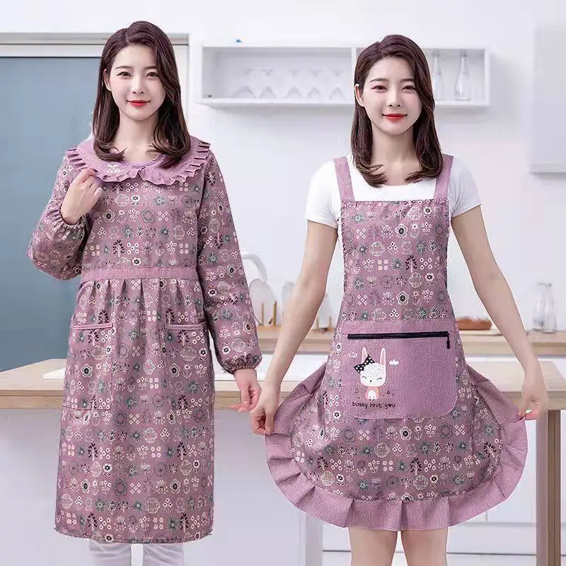 Korean version of women's fashion extended fat cover for kitchen and household use, thick cotton fabric long sleeved apron