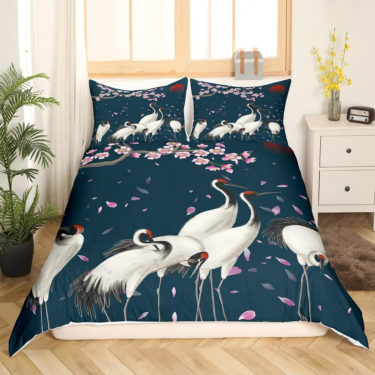 Crane Duvet Cover Twin King Size Japanese-Style Bedding Set Cherry Blossom Pattern Comforter Cover Asian Culture Bedspread Cover