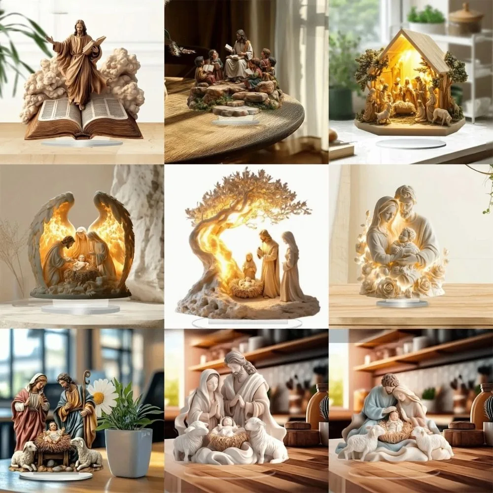 2D المهد المسطح الاكريليك تمثال مسطح الاكريليك الصلاة يسوع الولادة المشهد زخرفة الكنيسة الدينية الملاك الديكور السنة الجديدة ديكور