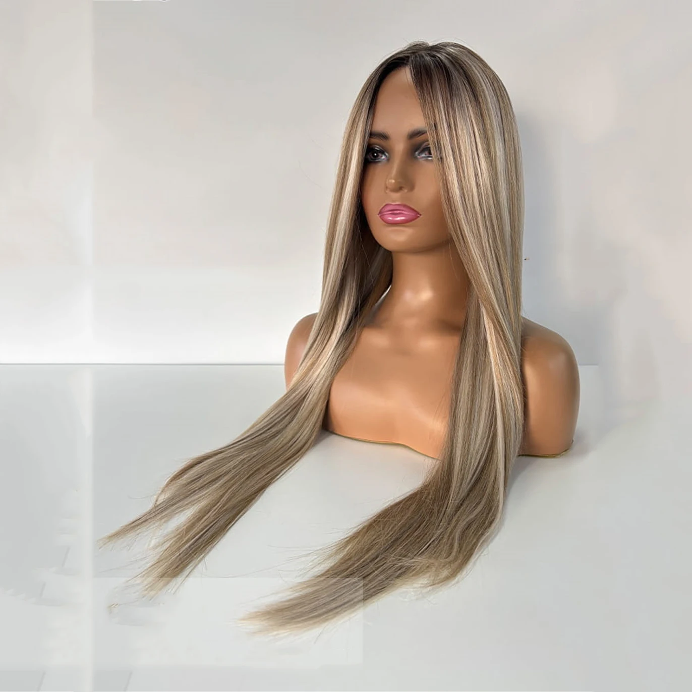 28 Inch Highlight Ash Blonde Ombre Wig Straight 13x4 Lace Front Synthetic Hair Blend Human Hair Preplucked Realistic for Women