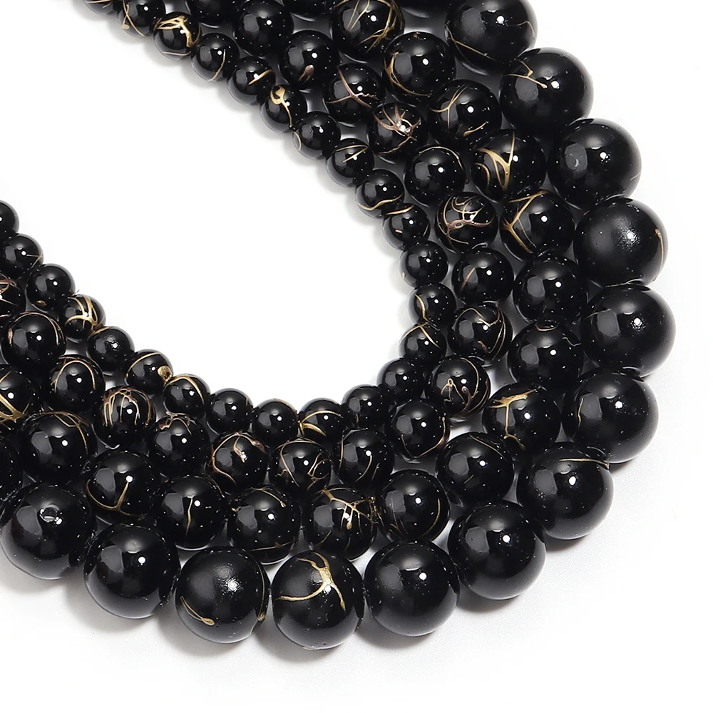 ลูกปัดแก้วทรงกลมสีดำขนาด 6/8/10/12 มม. จำนวน 30-60 ชิ้น/ล็อต ลูกปัดแก้วลายทอง/เงิน ลูกปัดหลวมสำหรับทำเครื่องประดับ DIY