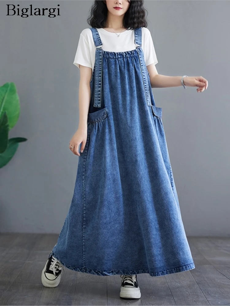 Denim Oversized Summer Sleeveless Dress Women Ruffle Pleated Loose Fashion Ladies Dresses Casual A-Line Woman Long Strap Dress