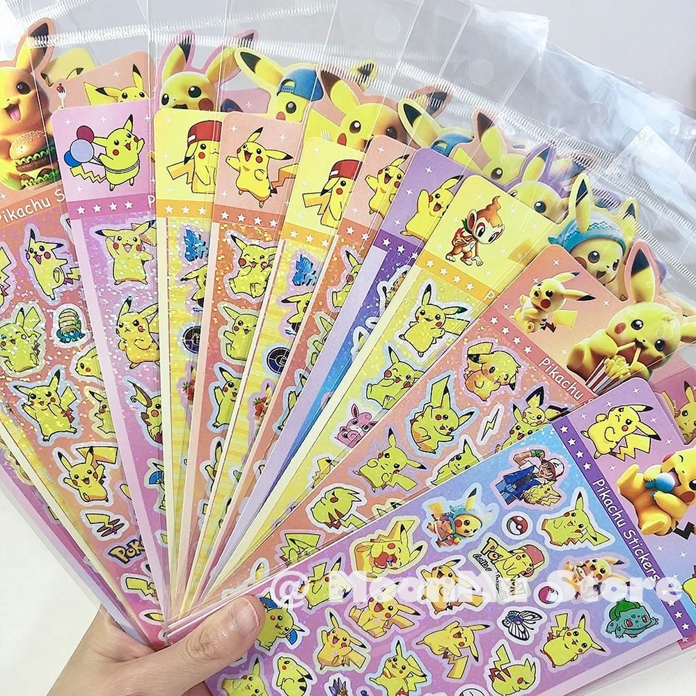 20Sheets Mix Anime Pokemon Pikachu Sticker Anime Cartoon Laser Sticker Decals Stationery Wholesale Kids Toys Gifts