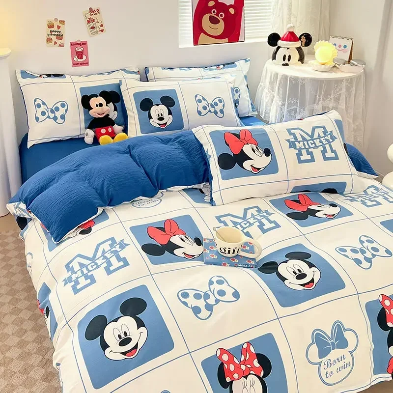 Disney Mickey Mouse Washed Cotton Stitch Bedding Set Duvet Cover Sheets Pillowcase Quilt cover Sheet