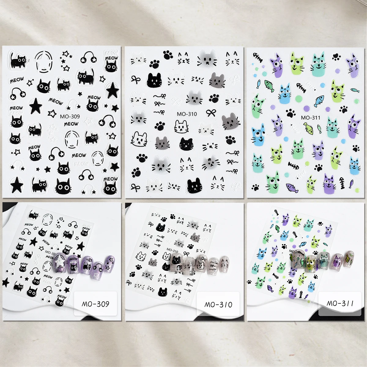 3/6 Sheets 5D Cat Nail Stickers, Cute Embossed Cartoon Kitty Nail Art Decals with Stars and Paws for DIY Manicure Decorations
