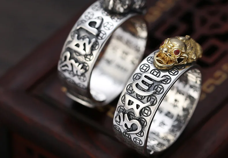 Wholesale s925 pure silver classic six character mantra ring with an open mouth for men, vintage diamond pestle and Pixiu ring