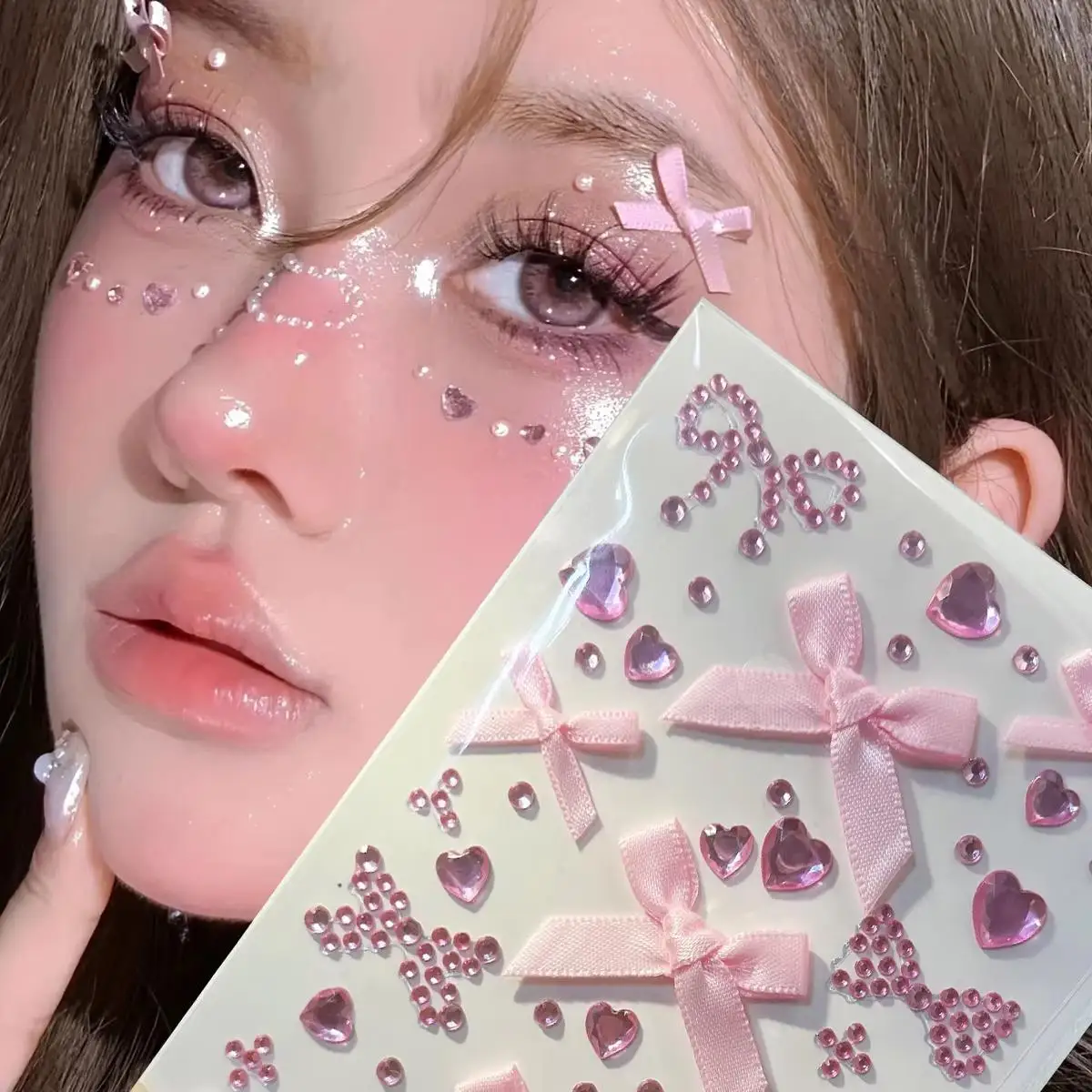 1pc Pink & Red Bow Glittery Stereo Gem Stickers Makeup Christmas Holiday Party Music Festival DIY Eyes Face Body Jewels Stickers