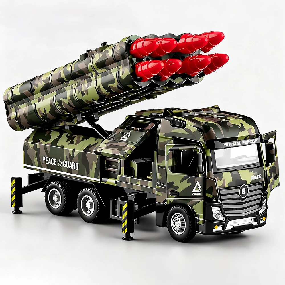 Schaal 1:32 Missile Truck Speelgoedmodel Auto Raketwerper Voertuig Metaal Diecast Geluid Licht Trek Militaire Modellen Jongens Geschenken