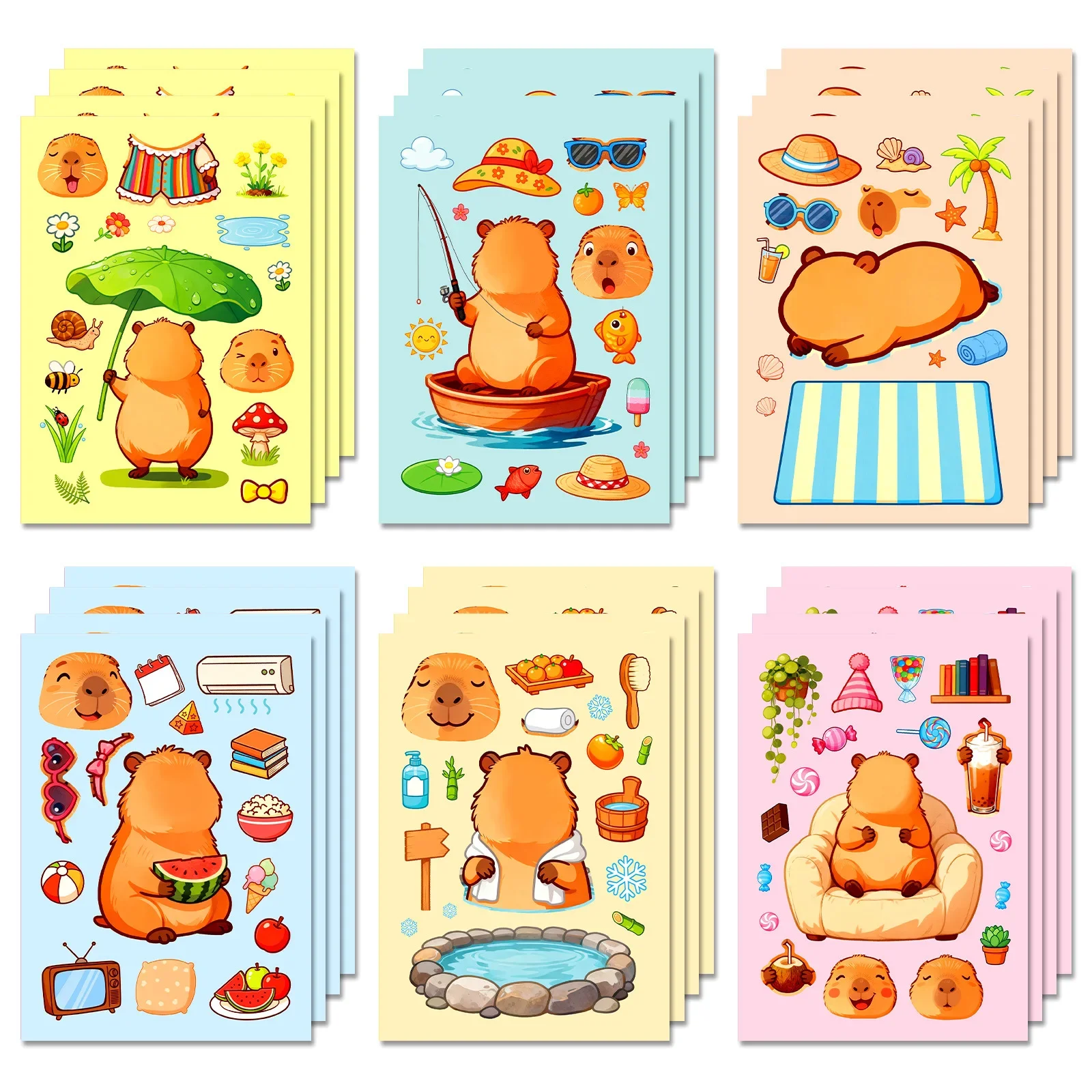 6Pcs Cute Cartoon Capybara Make-a-Face Puzzle Stickers, Multi-Scene DIY Collage Decor Stickers for Journal