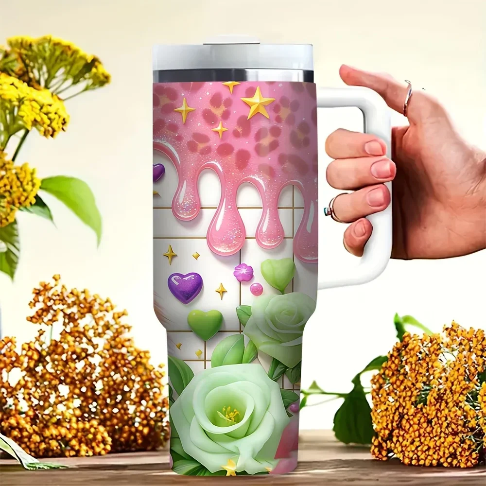 40Oz Tumbler with Handle, Features Cute Cat Pink Flower Dripping Leopard Print, Suitable for Cat Lovers, Fits Both Hot And Cold Drinks, Ideal for Outdoor Picnic Work Daily Travel Use All Year Round