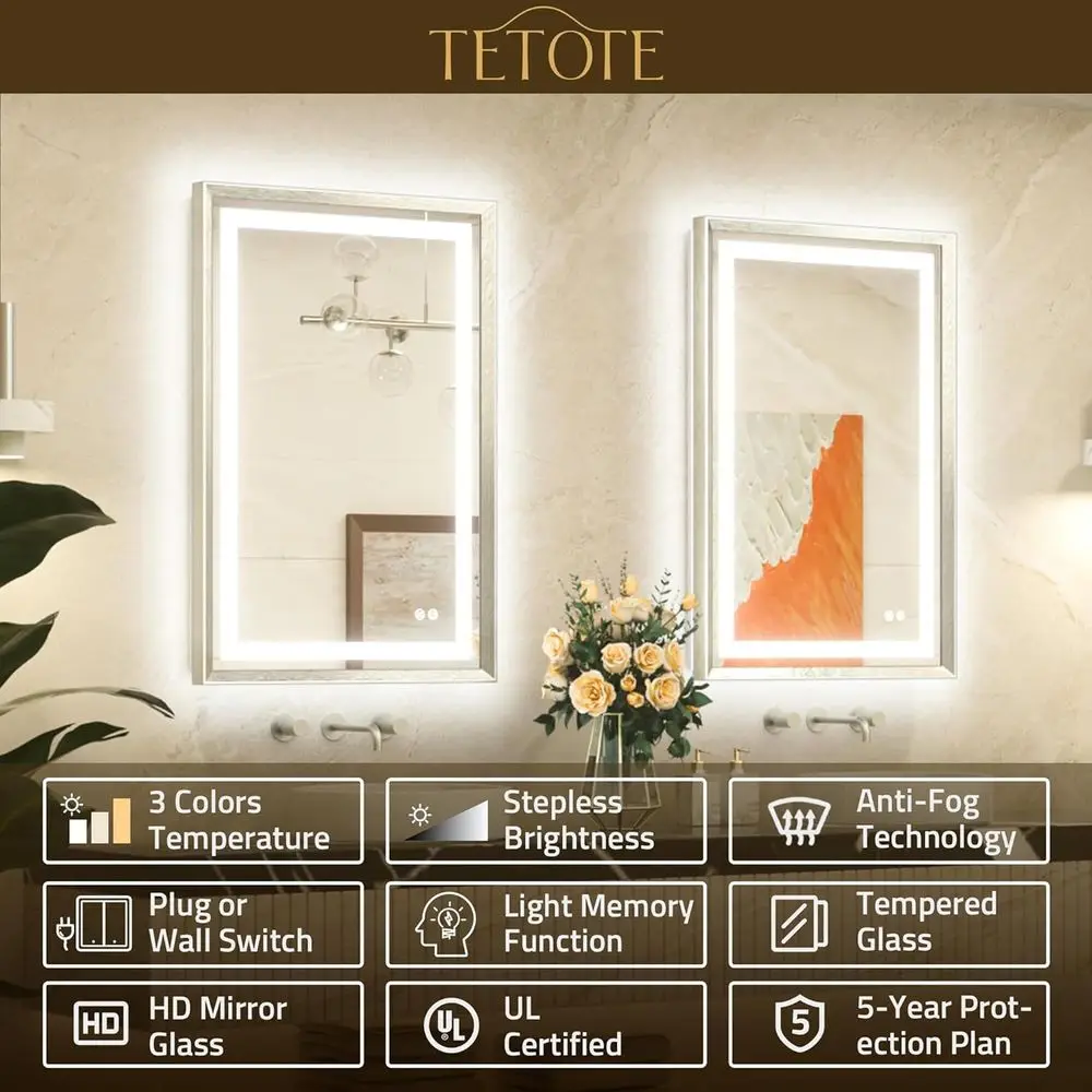 Miroir de courtoisie LED 20 x 28 pouces avec cadre en nickel brossé, éclairage avant et arrière, antibuée, variable en continu, température 3 couleurs