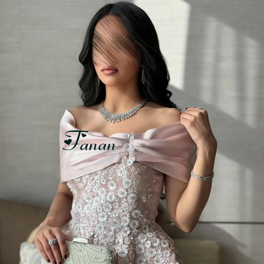 Customized Pink Jersey Flower Appliques A-line Evening Dress Off the Shoulder Floor Length Party Dress Draped Backless Prom Gown