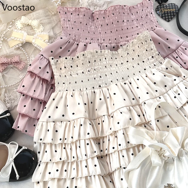 Kawaii Lolita Style Sweet 2 Piece Set Woman Cute Bow Lace Ruffles Polka Dot Vest Tops Mini Cake Skirts Suit Korean Y2k Outfits