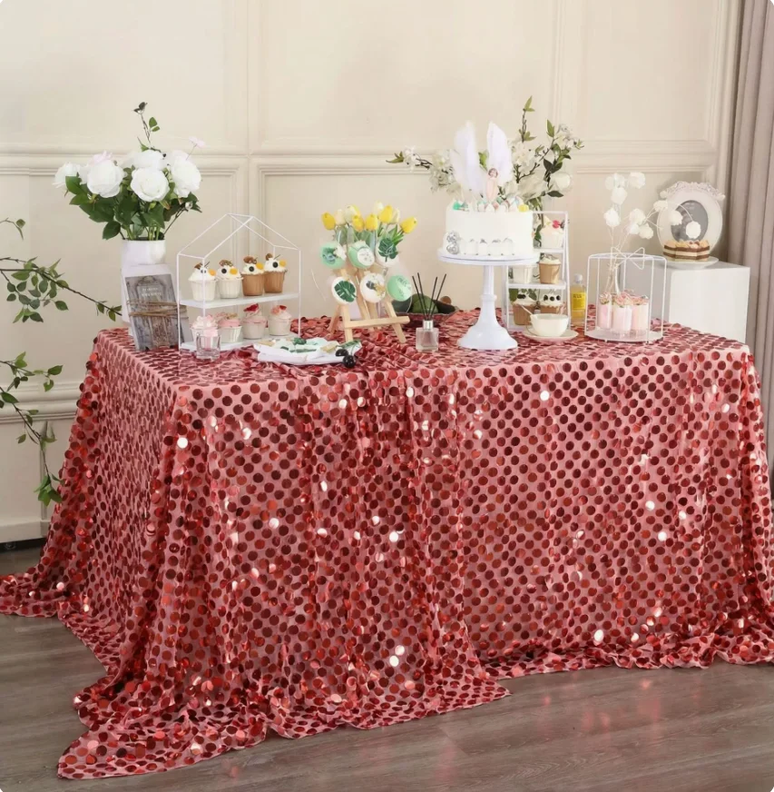 Nordic American Style Hotel INS Wedding Banquet Tablecloth, Hexagonal Tulle Base Scale Iridescent 18mm Big Sequin Table Cover